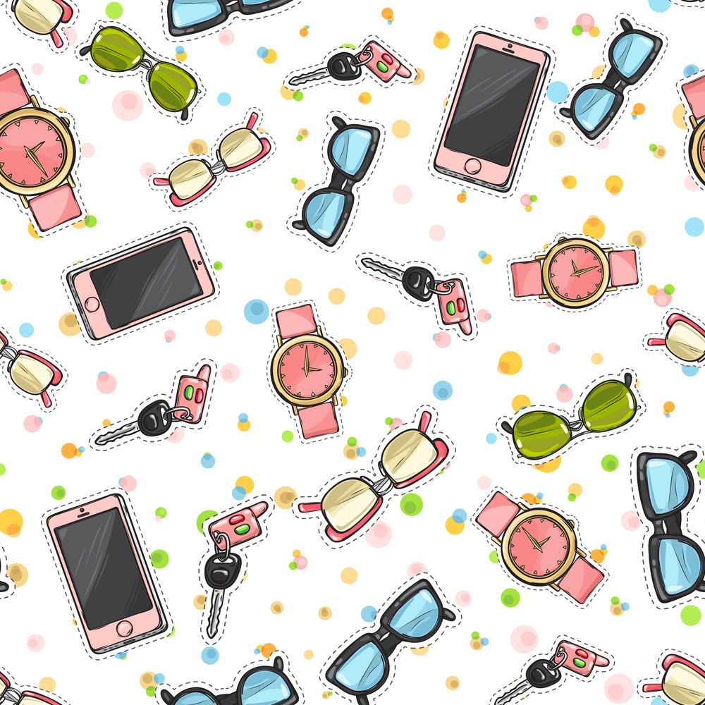 Collection of women accessories. Pink cellphones. Sunglasses with different glassworks. Watches with belts. Keys with fob. Endless texture. Seamless pattern. Pockmarked background. Fabric. Vector. Set of Phones, Watches, Sunglasses, Car Keys.