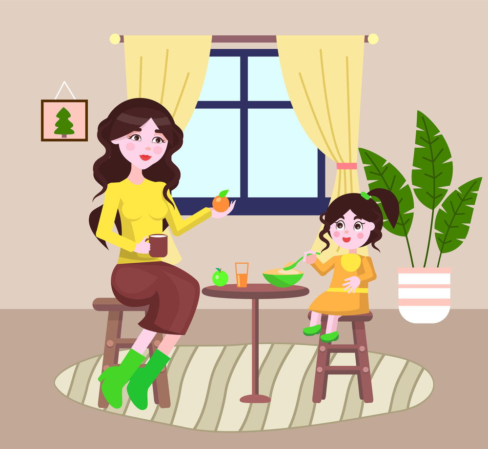 Young mother feeding her small daughter sitting at table. Little girl holding spoon with meal above bowl. Lunch, dinner or supper time. Family eating food. Health food, fruits, natural products. Young mother with apple eating with her daughter sitting at table, dinner or lunch of mom and kid