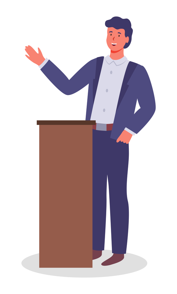 Executive man waving hand, greeting, show presentation, talking from tribune, office worker in costume. Businessman at conference. Portrait of guy telling, gesture. Cartoon character in flat style. Executive man waving hand, greeting, show presentation, talking from tribune, office worker in suit