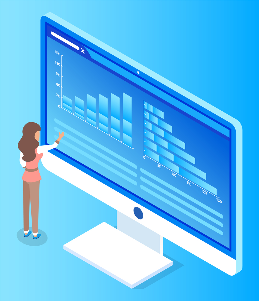 3d isometric vector illustration. Office worker woman touching, looking at screen display with graphics, statistics. Businesswoman analysing statistic, strategy, analytics. Flat style isolated. Office worker woman touching, looking at screen display with graphics, statistics, businesswoman