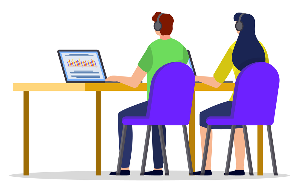 Man and woman sitting on chairs by table, workplace. People using electronic devices like laptops for work and study. Education through internet. Vector illustration of online learning in flat style. Man and Woman with Laptop Studying or Working