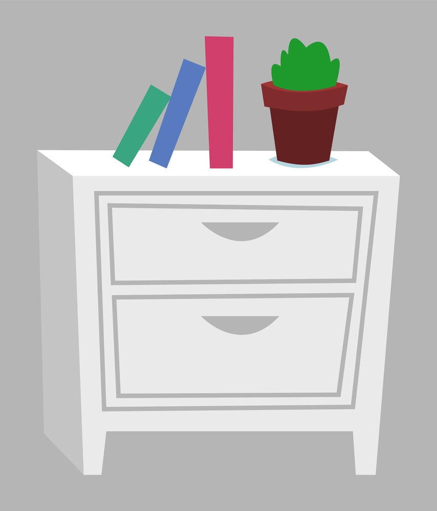 Books and plant on wooden case, element of classroom, school objects. Bookshelf sign, literature and white locker, back to school, class symbol vector. School Objects, Literature and Locker Sign Vector