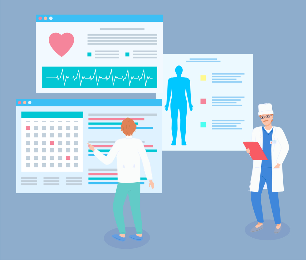 Doctor looking at clipboard in hand. Therapist looking at medical website with calendar, planning date of visiting patients. Electrocardiogram, results of scanning body, medical test, text information. Therapist looking at medical website with calendar, planning date of visiting patients, doctors