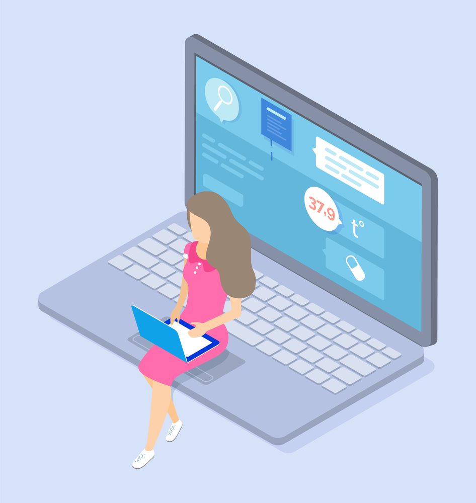 Isometric 3d illustration. Online consultation with doctor at distance in internet, symptoms of disease, online treatment at medical website or application. Woman with laptop sitting at keyboard. Woman with laptop sitting at keyboard, online consultation with doctor at distance in internet