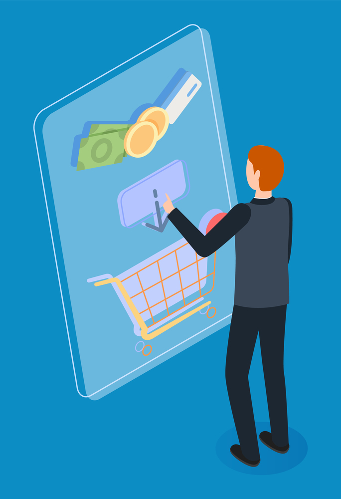 Male slender character in black suit, back view, stands and chooses shopping on large conceptual screen. Shopping basket, money symbol, product. Customer buys goods in online store. Customer journey. Guy in dark clothes selects and puts purchases in virtual basket. Customer journey concept