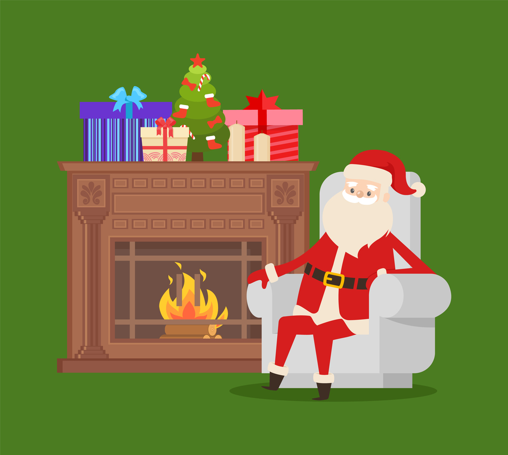 Santa sitting on armchair near fireplace decorated fir-tree, candles and gift boxes with pattern. Claus in room with green wallpaper near chimney vector. Santa Sitting on Armchair near Fireplace Vector