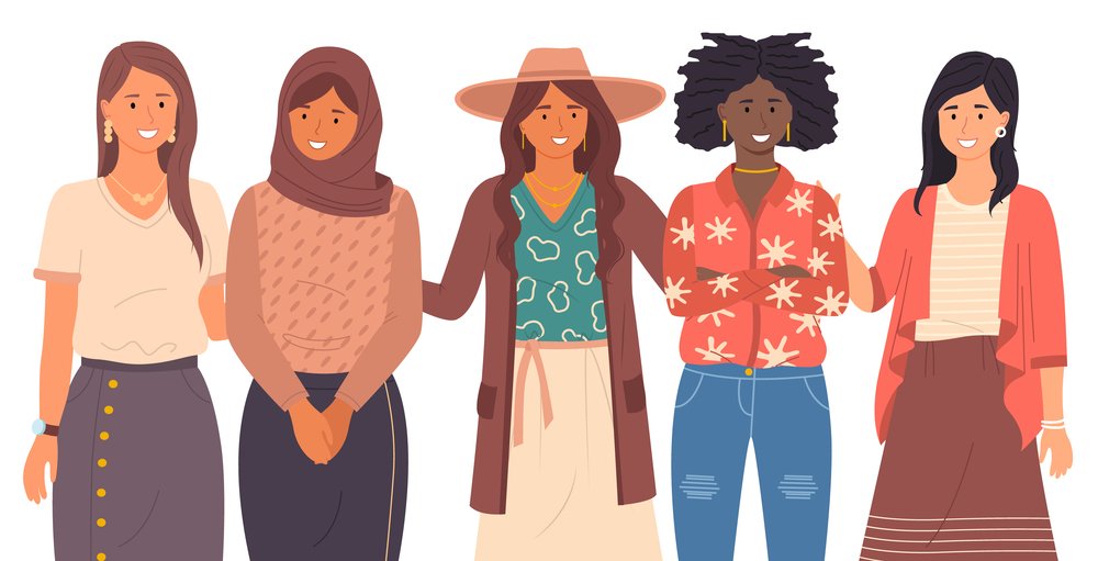 Group of smiling women of different nationalities close-up. European, Muslim, Hispanic, Black, Asian women. International cooperation and peace. Female Interracial Community. Flat image isolated. The women s international community. Interracial friendship and unity. Race differences. Flat image
