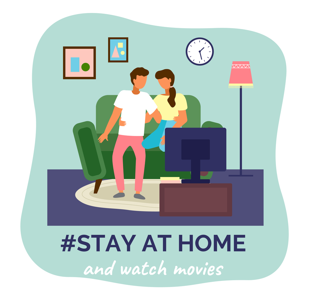 Stay at home and watch movies. Quarantine self-isolation at home. Prevention of covid-19 or coronavirus. Virus outbreak. People staying safe, careful. Couple making leisure during world epidemic. Stay at home and watch movies, leisure time, couple relaxing together at home, virus pandemic