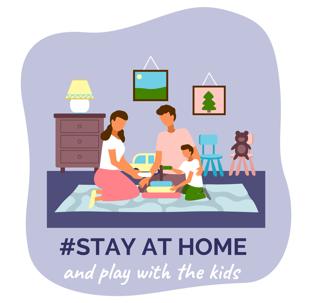 Stay at home and play with kids. Quarantine self-isolation at home. Prevention of covid-19 or coronavirus. Virus outbreak. Family spending leisure time together. Mother with dad playing with son. Stay at home and play with kids, family spend leisure time together during world pandemic isolation