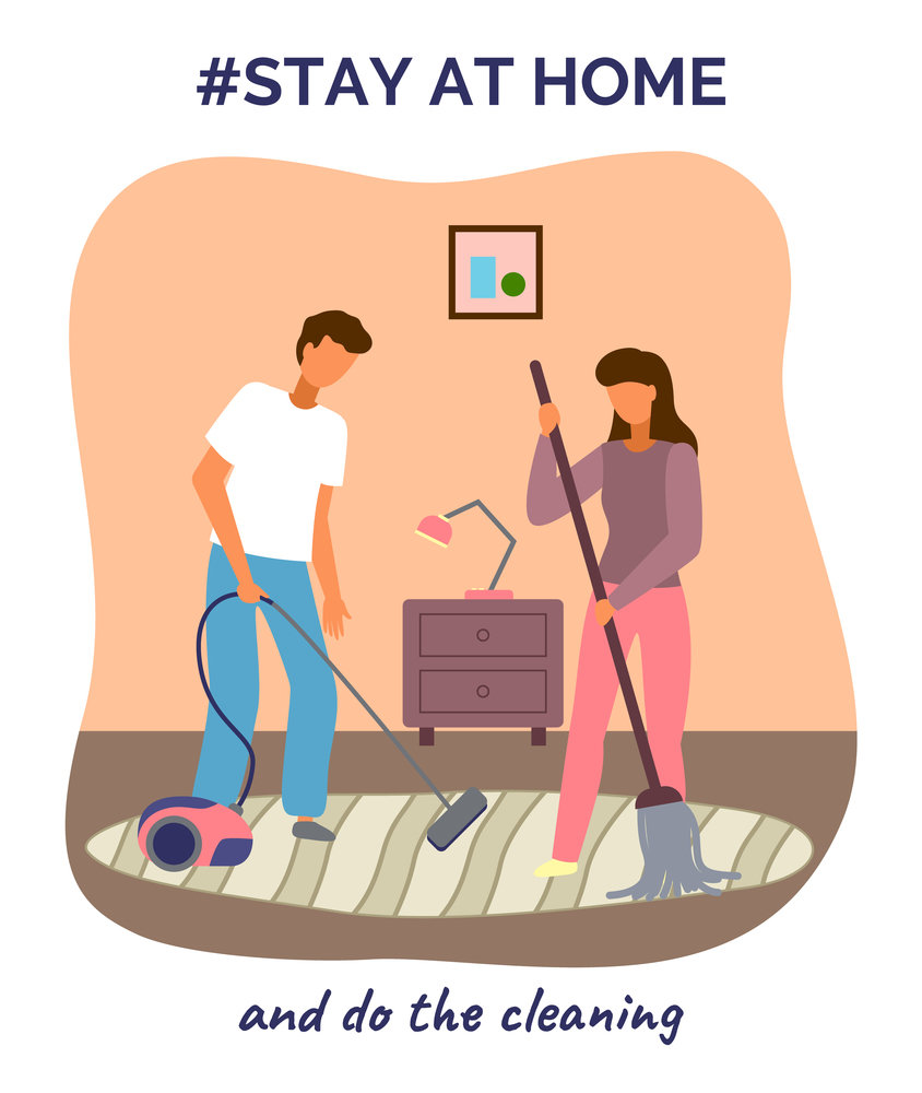 Stay at home and do the cleaning. Quarantine self-isolation at home. Motivational slogan, stop be lazy. Virus outbreak. People staying safe. Man cleaning floor with vacuum cleaner, woman sweeping. Stay at home and do the cleaning, young couple washing, cleaning, sweeping floor, stop be lazy