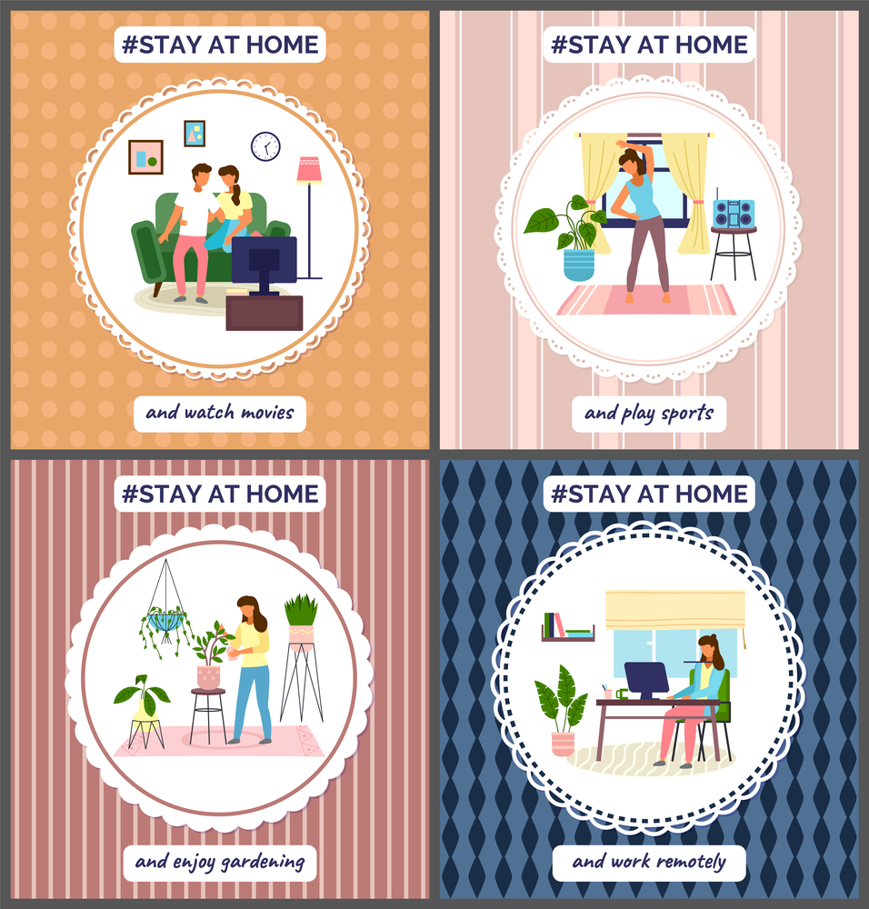 Set of images Stay home. People do different things while at home, colorful geometric background. Married couple watching movie, girl engaged in gardening, woman playing sports, freelancing girl. Set of pictures about home activity. People watch movies, play sports, gardening, work remotely