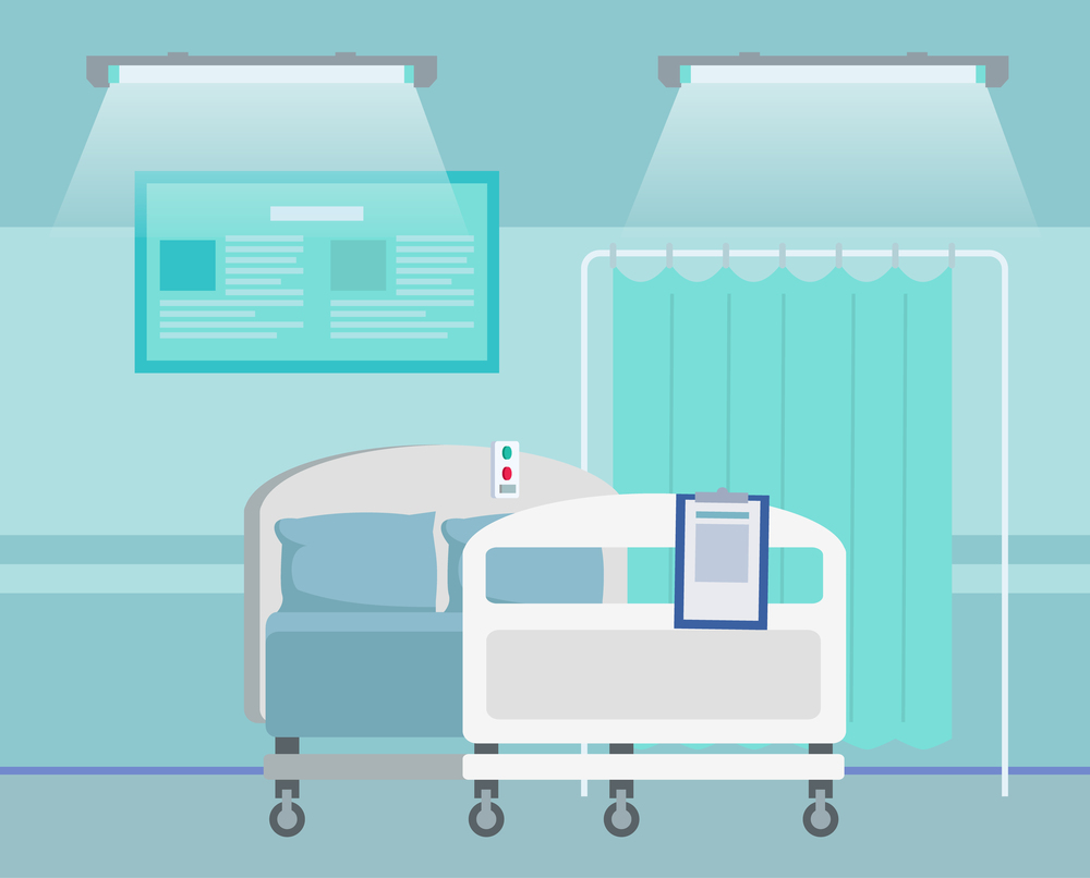 Interior design of hospital ward without people. Bed with diagnosis at clipboard and folding screen standing near, two bright lamps. Place for recovery after operation. Treatment and healthcare. Interior of hospital ward without people, bed with diagnosis at clipboard and folding screen near