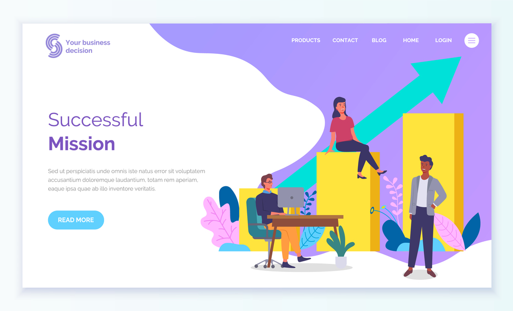 Landing page of business site. Slogan Successful mission. Woman sits on large volumetric yellow bar chart, growth arrow. Man at desk, wearing glasses, using monoblock. Employees work in office. Site template. Employees work, communicate. Huge conceptual bar chart. Woman sits on volumetric form