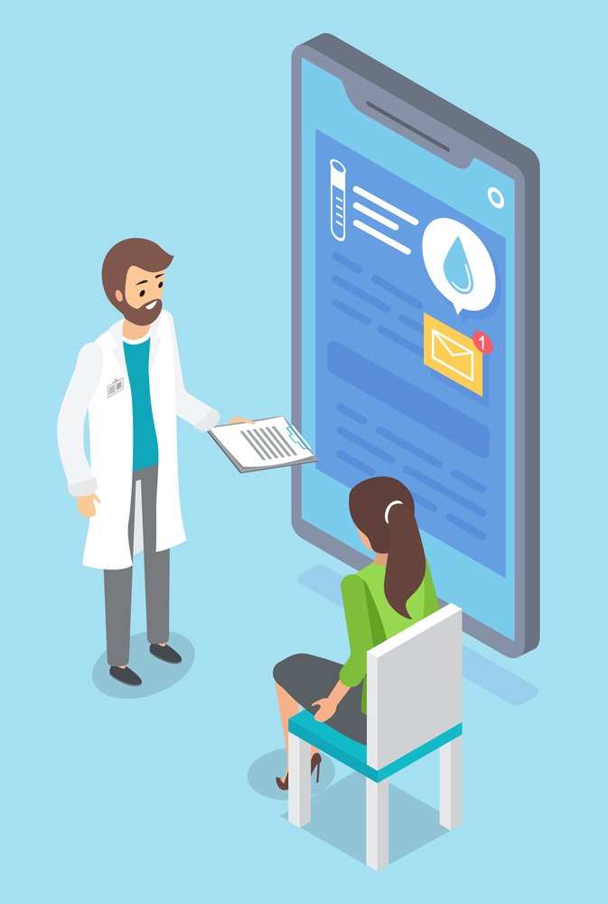 The doctor stands and holds prescription, woman patient is sitting on chair. Huge smartphone with chat between the doctor and patient. Smartphone screen with information about analyzes, treatment. Doctor consults patient woman online. Big smartphone screen with health tests and diagnosis data.