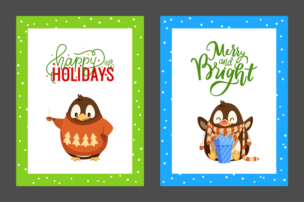 Merry Christmas penguin happy with presents posters set with greeting text vector. Animal wearing sweater with pine trees, gift in box with ribbon. Merry Christmas Penguin Happy with Presents Set