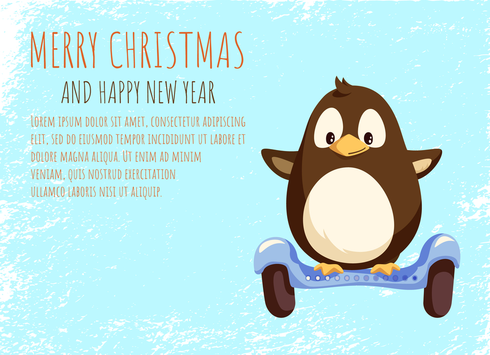 Merry Christmas and Happy New Year card, little penguin balancing on segway, vector. Running animal on modern transport. Eco scooter in flat style. Penguin Balancing on Blue Segway Vector Greetings