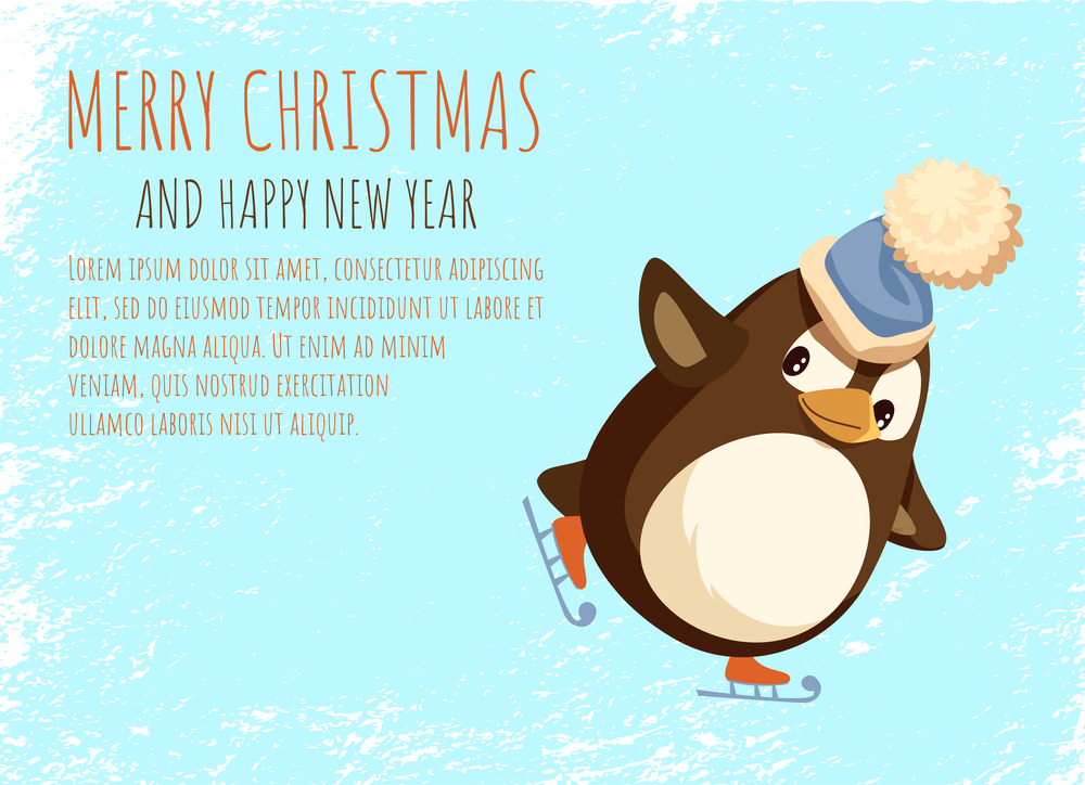 Penguin in Santa hat on skates, Christmas greeting card. Bird doing sports, outdoor activity, New Year winter holiday celebration, ice rink vector. Penguin in Santa Hat on Skates, Christmas Card