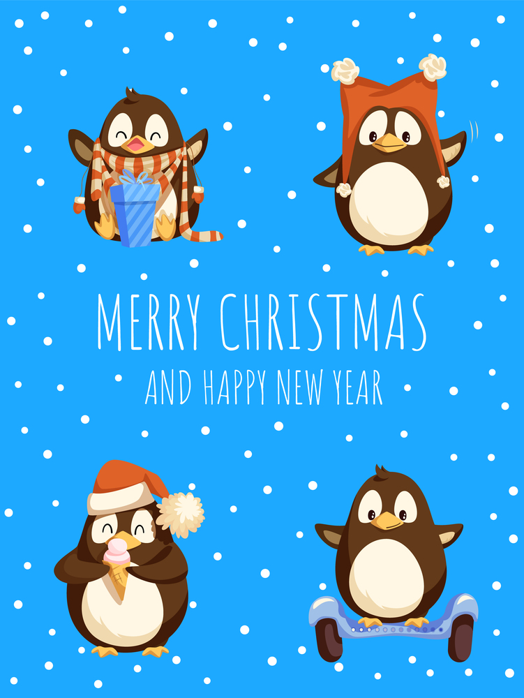 Merry Christmas and happy New Year penguins set vector. Animals wearing Santa Claus hat, riding scooter board with wheels and unpacking present gift. Merry Christmas and Happy New Year Penguins Set