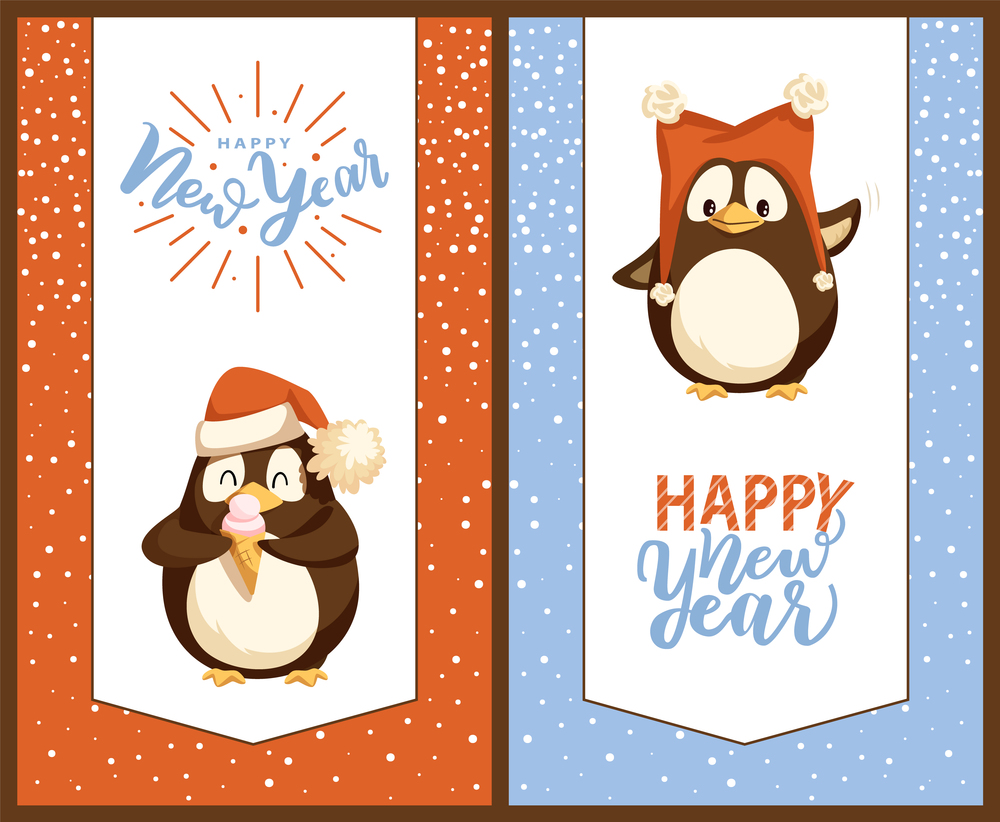 Merry Christmas penguins wearing warm clothes vector. Animal in Santa Claus cap eating ice cream dessert happy to taste creamy treatment, snowing. Merry Christmas Penguins Wearing Warm Clothes