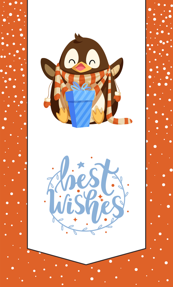 Sitting cheerful penguin with hands up, dressing scarf near gift box in stripes. Best wishes paper card with frame and points on orange background vector. Best Wishes Card, Penguin and Gift Box Vector
