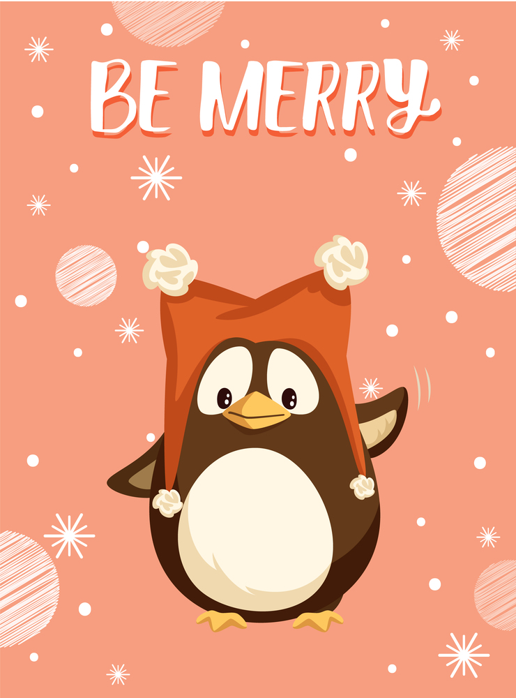 Penguin in funny hat with buboes, Merry Christmas wish. Arctic bird in headdress waving wing, winter holidays greeting, New Year and snowflakes vector. Penguin in Funny Hat with Buboes, Merry Christmas