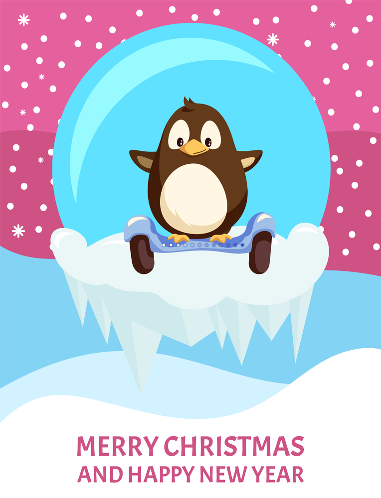 Christmas greeting card, penguin on gyroscooter in glass ball, snow and ice floe. Animal and modern technology, New Year and Xmas holidays vector.. Christmas Greeting Card, Penguin on Gyroscooter