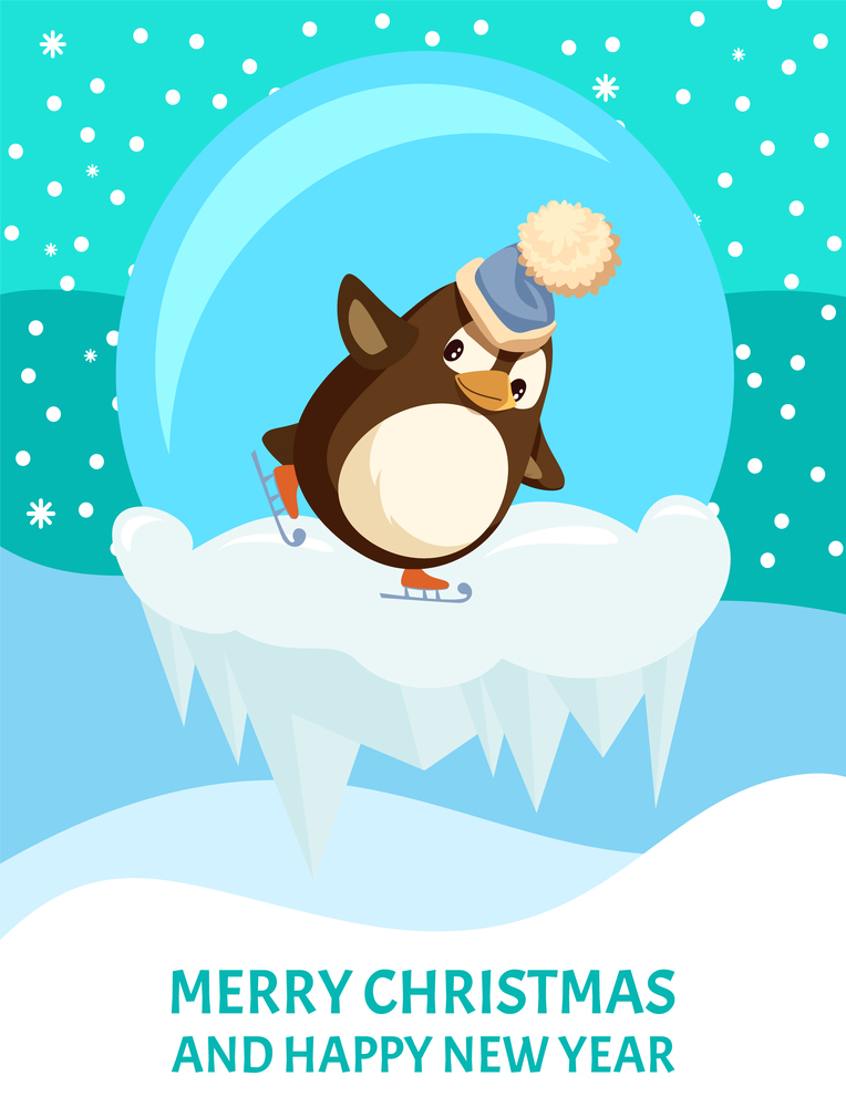 Penguin skating on ice floe, Merry Christmas card, glass ball and hat with bubo. Bird on skates, snowflakes and icicles, winter sport and holidays vector. Penguin Skating on Ice Floe, Merry Christmas Card