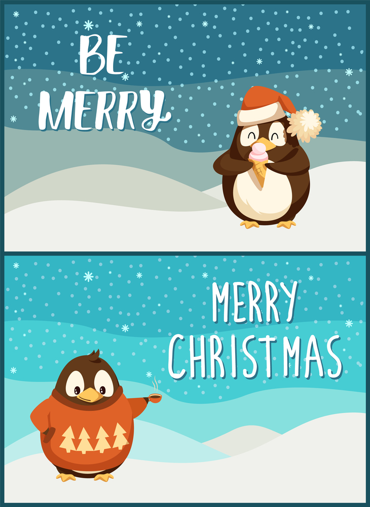 Merry Christmas penguin animal wearing clothes knitted sweater with pine evergreen tree print vector. Santa Claus hat part of costume hill and snowflakes. Merry Christmas Penguin Animal Wearing Clothes