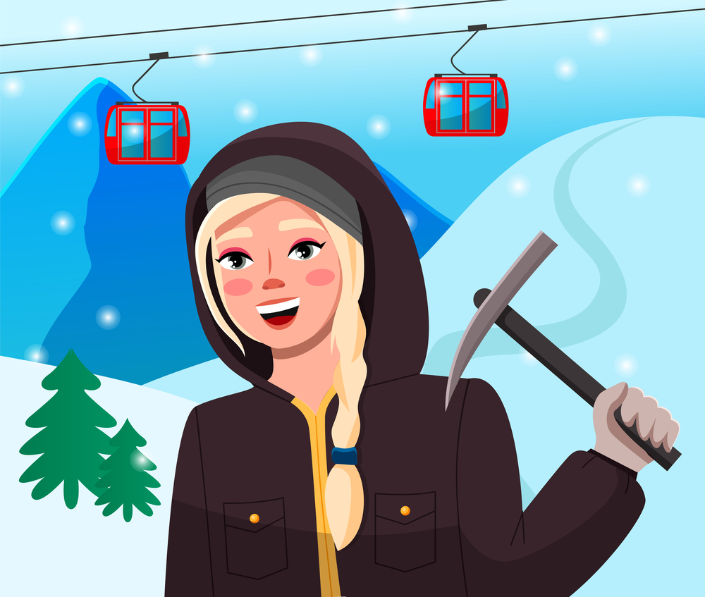 Extreme sports girl climber. Sport weekend action in ski resort, women hiker in cold season in warm clothes in snowy mountains. Girl holding pickaxe, standing on the background of the cable car lift. Extreme sports girl climber. Sport weekend, women hiker in the cold season in the mountains