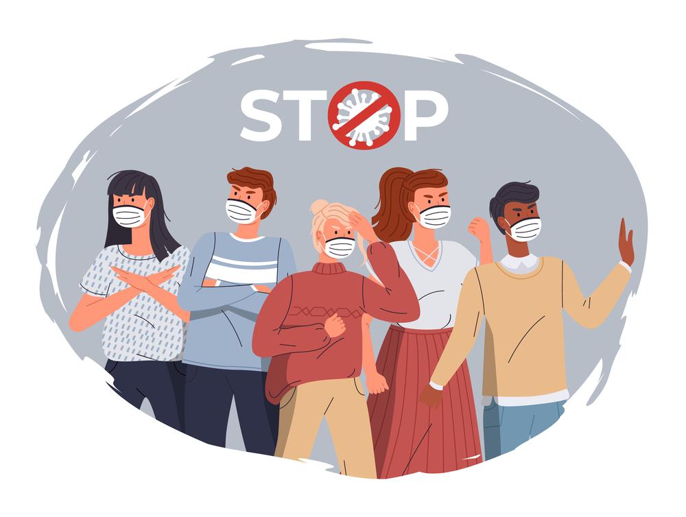 Group of people wearing protective medical face masks. Characters protesting against virus spread at background of stop sign. Concept of coronavirus quarantine, pandemic. World epidemic of covid 19. People in protective medical mask protesting against virus spread. Concept of coronavirus quarantine