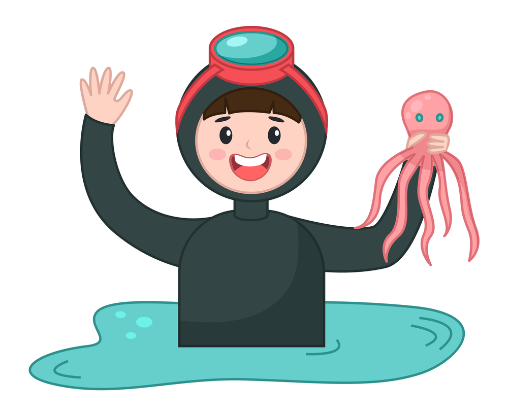 Scuba diver young man over water cartoon vector character holding pink octopus waving hand flat vector. Aqualunger wearing protective suits and a diving mask smiling satisfied male with catch. Scuba diver young man over water cartoon vector character holding pink octopus waving hand