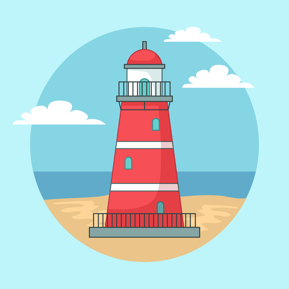 Red lighthouse on ocean or sea beach landscape with blue sky cartoon background vector illustration. Construction with big floodlight to light the way water transport, gives signals to ships in dark. Red lighthouse on ocean or sea beach landscape with blue sky cartoon background vector illustration