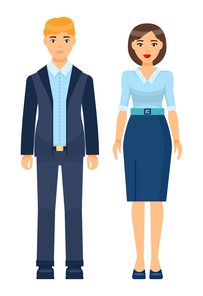 Cartoon characters, stylish businesspeople wearing office suits. Businessman in jacket, blue shirt and trousers with belt. Businesswoman wear elegance blouse, skirt with belt. Office dresscode concept. Two office workers wearing stylish office suits, brunette woman in blouse and skirt, man in costume
