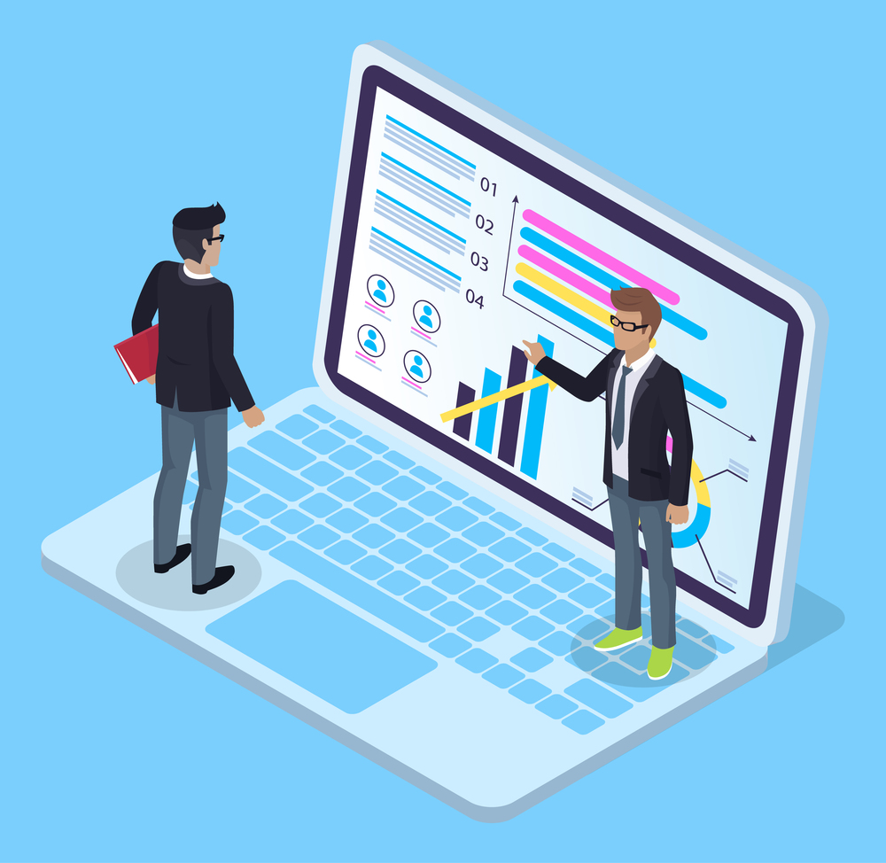 Isometric laptop with charts, diagram, infochart at screen. 3d growing graphic. Teamwork analysis. Worker showing presentation of financial plan, strategy. Man with folder looking at screen of laptop. Two office workers at keyboard of laptop, presentation woth graphic, diagram, chart, analysis