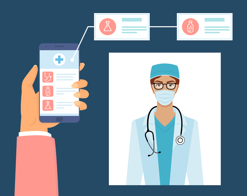 Phone screen with medical app. Consultation with doctor via on Internet. Female doctor with phonendoscope vector illustration. Half body portrait. Masked girl with glasses isolated on white background. Mobile phone screen with medical app. Female doctor with phonendoscope vector illustration
