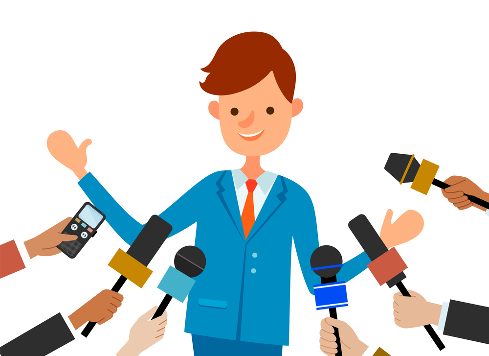 Press conference with a smiling boy. Journalists with microphones interview a businessman. Young male character in a business suit isolated on white background. Correspondents hold special equipment. Press conference with smiling boy. Journalists with microphones interview guy in a business suit