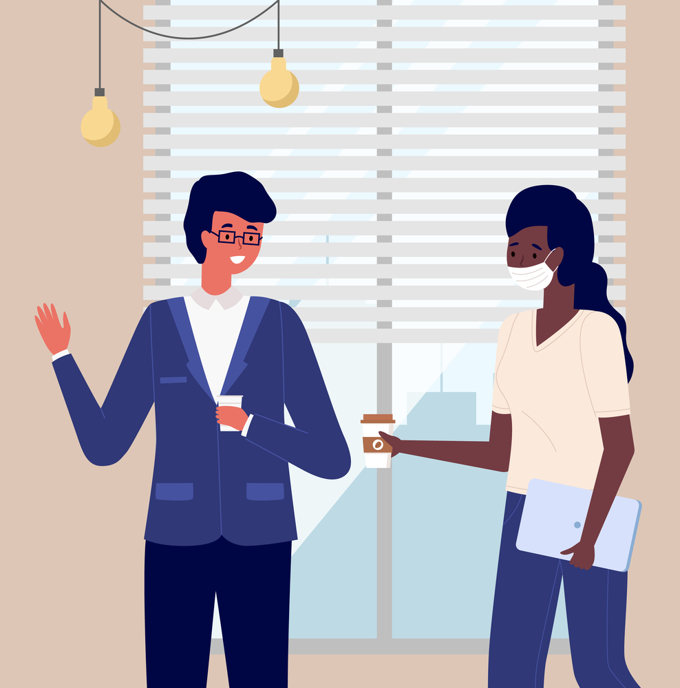 Positive communication of happy friends. Multinational couple in a relationship drinking coffee during a break at work. Young characters are talking together. People have a conversation in the office. Positive communication of happy friends. Couple in relationship drinking coffee during break at work