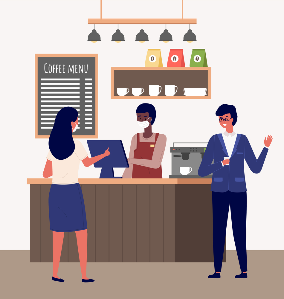 Vector illustration of coffee shop design element with barista standing behind of bar counter. Coffee making equipment. Man serving visitors. Girl makes an order at checkout. Guy standing with a drink. Coffee shop design element with barista standing behind of bar counter. Man serving visitors