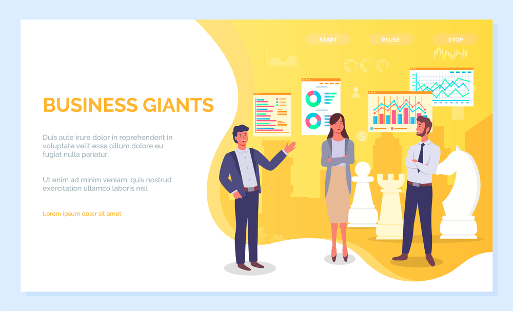 Business giants, top companies of the highest level. Office worker standing near big chess pieces, interview with top manager of successful company. Webpage modern concept of strategic planning. Business giants, top companies of the highest level. Office worker standing near big chess pieces