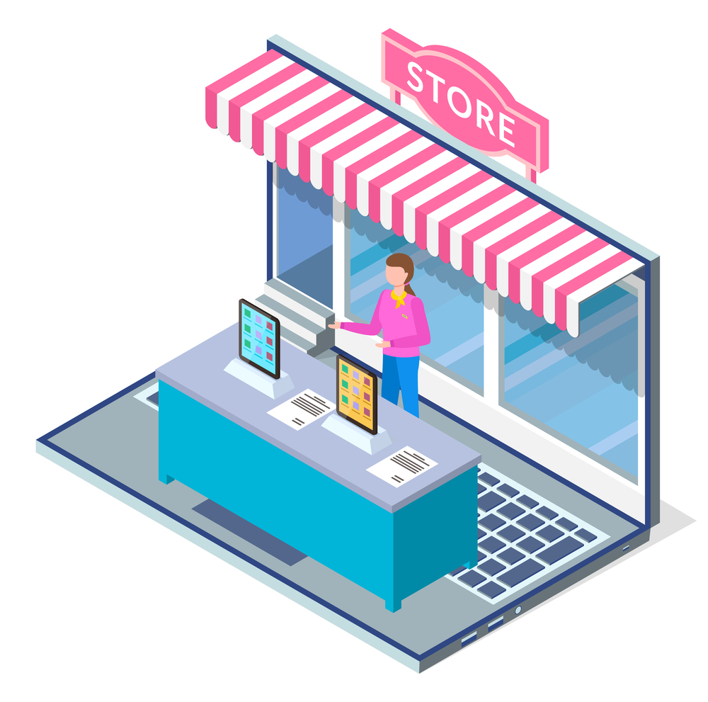 Online shopping concept. Opened laptop with awning, girl seller behind the counter standing on keyboard invites to enter. Internet store application. Computer in form of trade tent with striped canopy. Illustration of online shopping concept. Opened laptop with awning, girl seller behind the counter