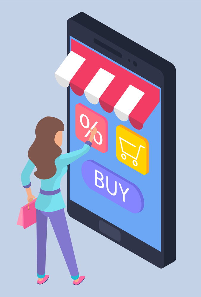Online shopping concept. Happy woman standing with bag shopping by her phone vector illustration. Girl selects products on the touchscreen, clicks buttons on the website of the online store. Online shopping concept. Happy woman standing with bag shopping by her phone vector illustration