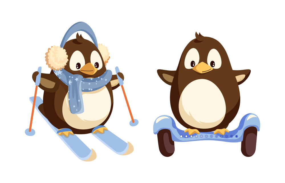 Penguin skiing on ski-poles in warm earmuffs and scarf. Running animal on segway. Set of winter activities with animals isolated on white vector. Penguins Skiing and Running on Segway Vector