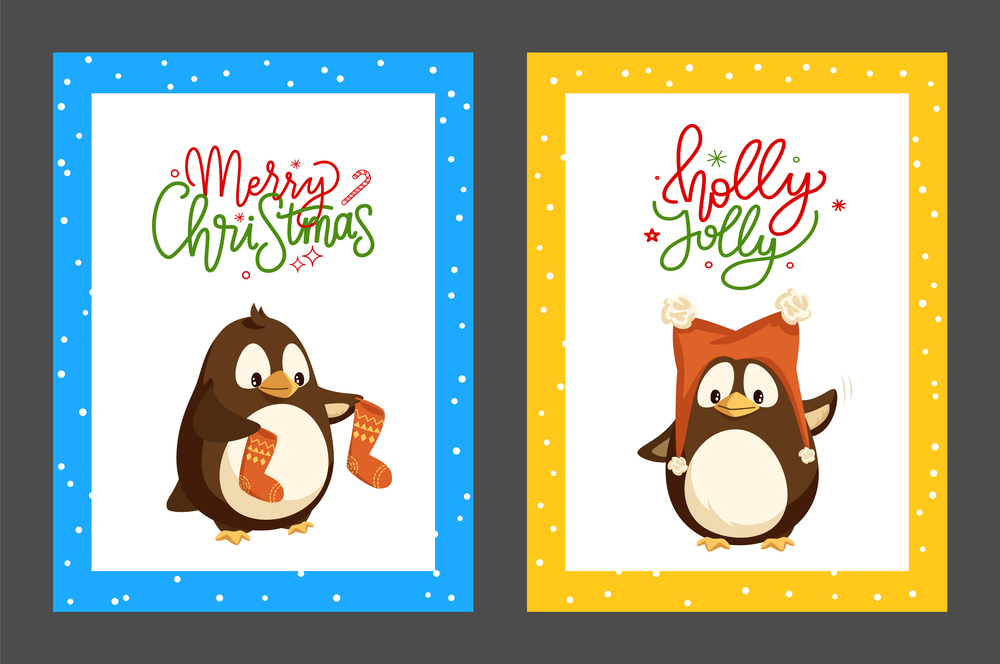 Merry Christmas penguin holding knitted socks vector. Animal with wings and feathers, hat wearing warm hat with fur, snowing weather on frame poster. Merry Christmas Penguin Holding Knitted Socks