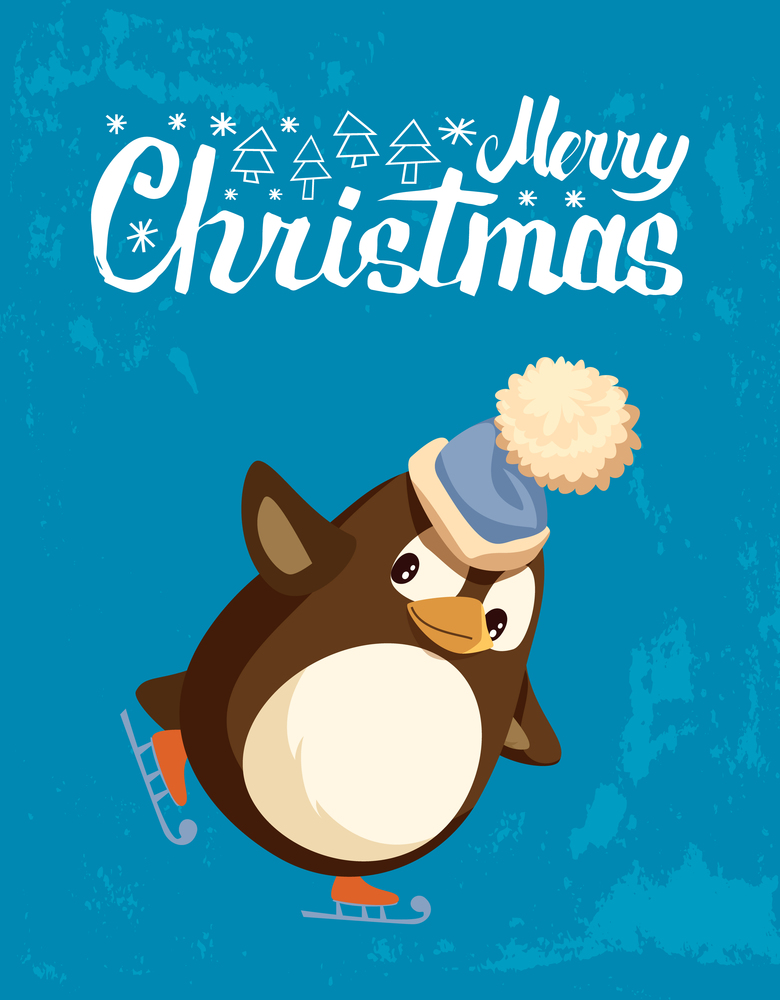 Penguin on skates, Merry Christmas greeting card. Skating bird in Santa hat, holiday celebration, winter sport and outdoor activity, Arctic animal vector. Penguin on Skates, Merry Christmas Greeting Card