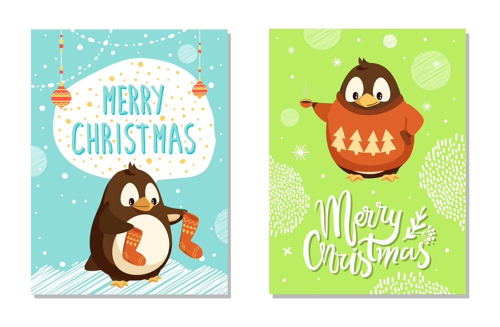 Standing penguin in sweater with pattern of trees holding cup and kid with warm socks. Colorful greeting card Merry Christmas decorated with balls vector. Merry Christmas Greeting Card with Penguin Vector