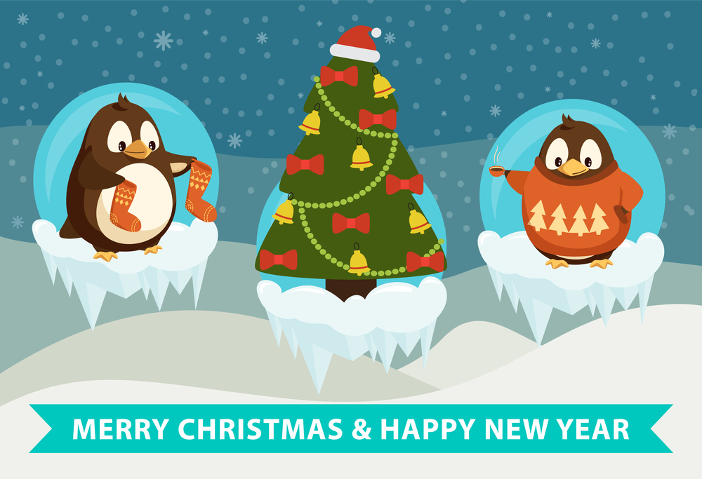 Merry Christmas and happy New Year poster penguin in snow-ball with icicles vector. Fir-tree decorated with garlands, animal wearing warm clothes. Poster Penguin in Snow-ball with Icicles Vector