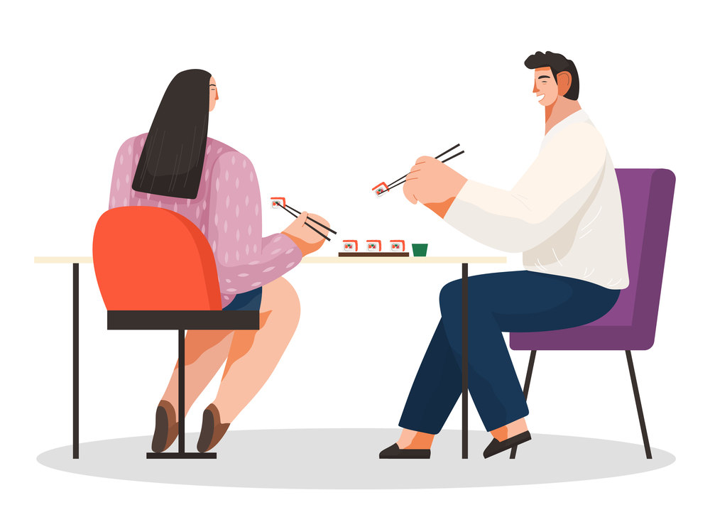 Young happy couple eating sushi in restauranttogether. Male and female characters holding sticks sitting at table with japanese food. Dating, weekend leisure cartoon flat vector illustration. Young happy couple eating sushi in restaurant together. Male and female characters holding sticks