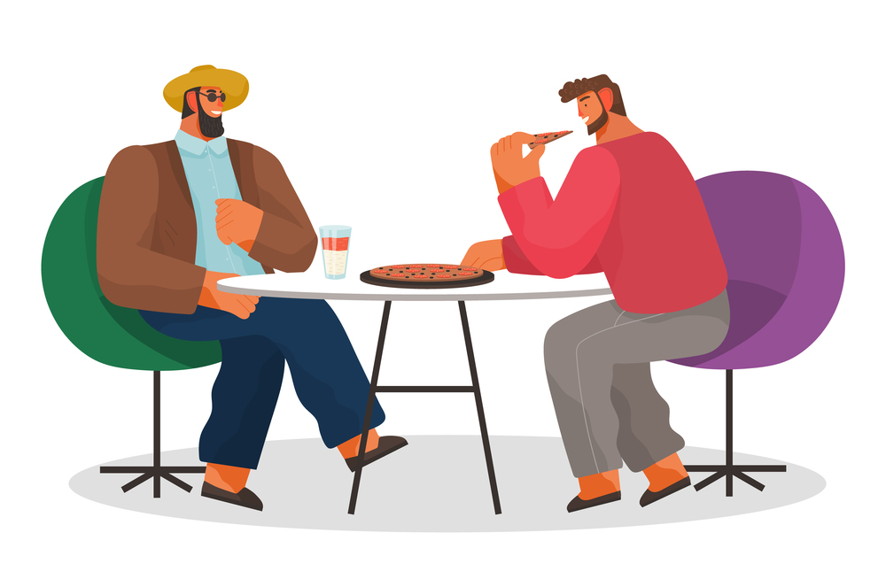 Two men friends sitting on modern chair at a table eating pizza vector illustration. Stylish male characters having lunch in a pizzeria on white background. Business partners has dinner in a cafe. Two men friends sitting at a table eating pizza. Stylish male characters having lunch in a pizzeria
