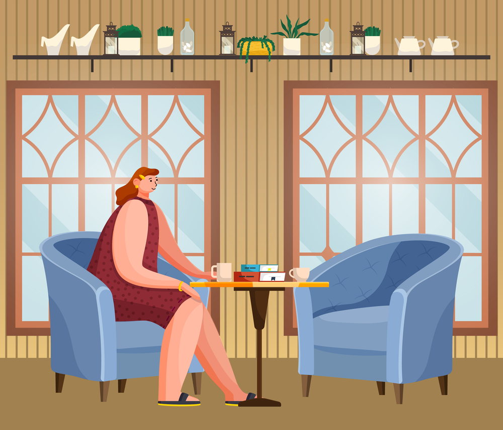 Young woman sitting on armchair at home or in a cafe. Female character at a table with coffee and books vector illustration. Spending time at home, relaxing after work, reading books, drinking tea. Woman sitting on armchair at home or in a cafe. Female character at a table with coffee and books
