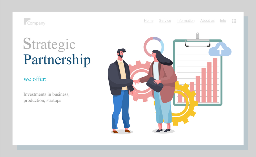 Strategic partnership of businessman characters website landing page template. Business partnership relation concept. Team working partner together template for landing page, banner, presentation. Strategic partnership of businessman characters website illustration flat design. Team working